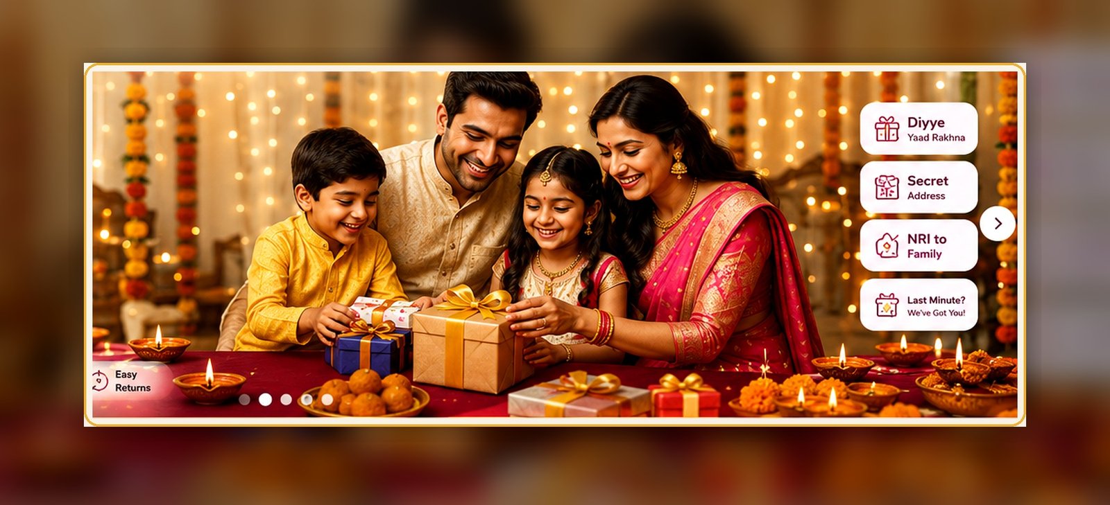Happy Indian family in traditional clothes opening gifts together